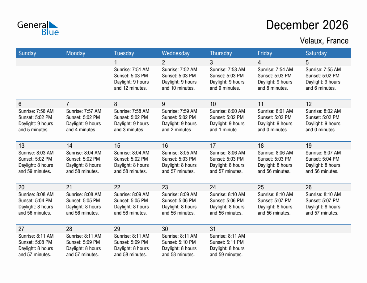 December 2026 sunrise and sunset calendar for Velaux