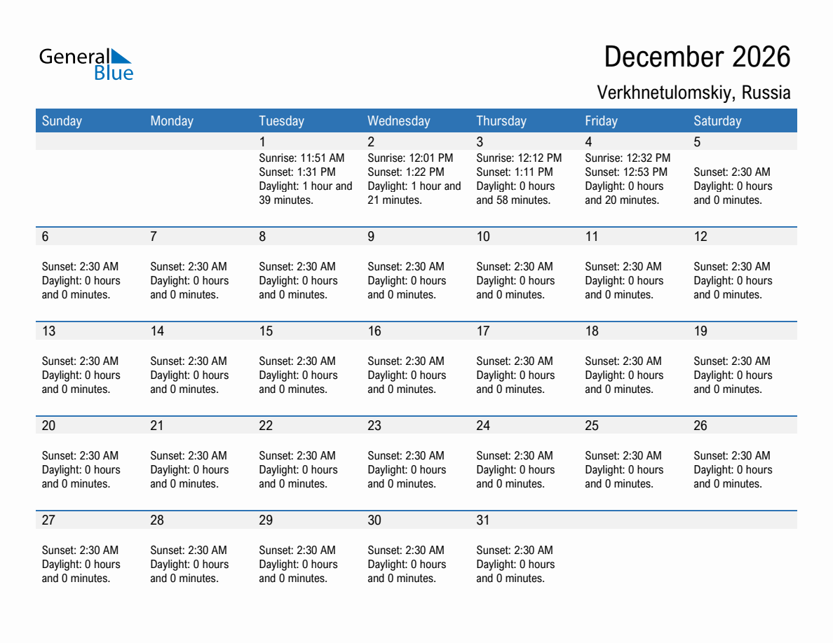 December 2026 sunrise and sunset calendar for Verkhnetulomskiy