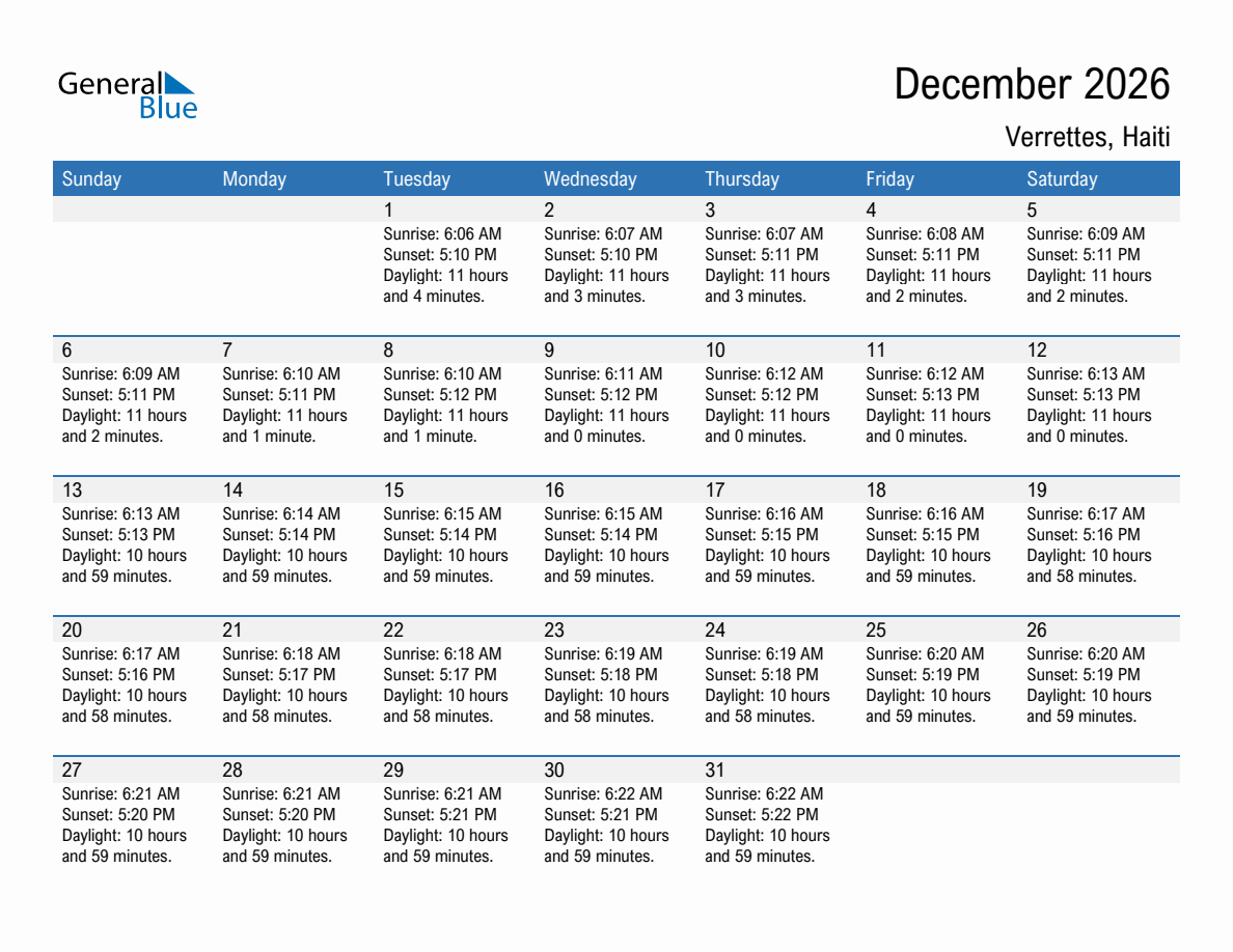 December 2026 sunrise and sunset calendar for Verrettes