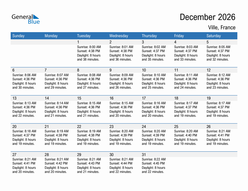 Ville December 2026 sunrise and sunset calendar in PDF, Excel, and Word