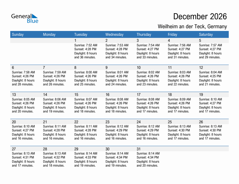 Weilheim an der Teck December 2026 sunrise and sunset calendar in PDF, Excel, and Word