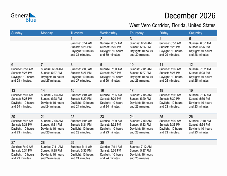West Vero Corridor December 2026 sunrise and sunset calendar in PDF, Excel, and Word