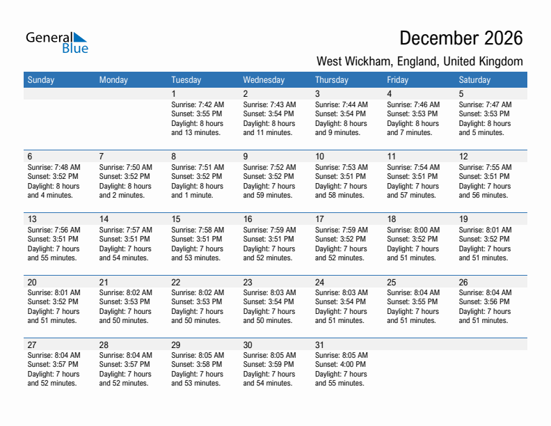 West Wickham December 2026 sunrise and sunset calendar in PDF, Excel, and Word