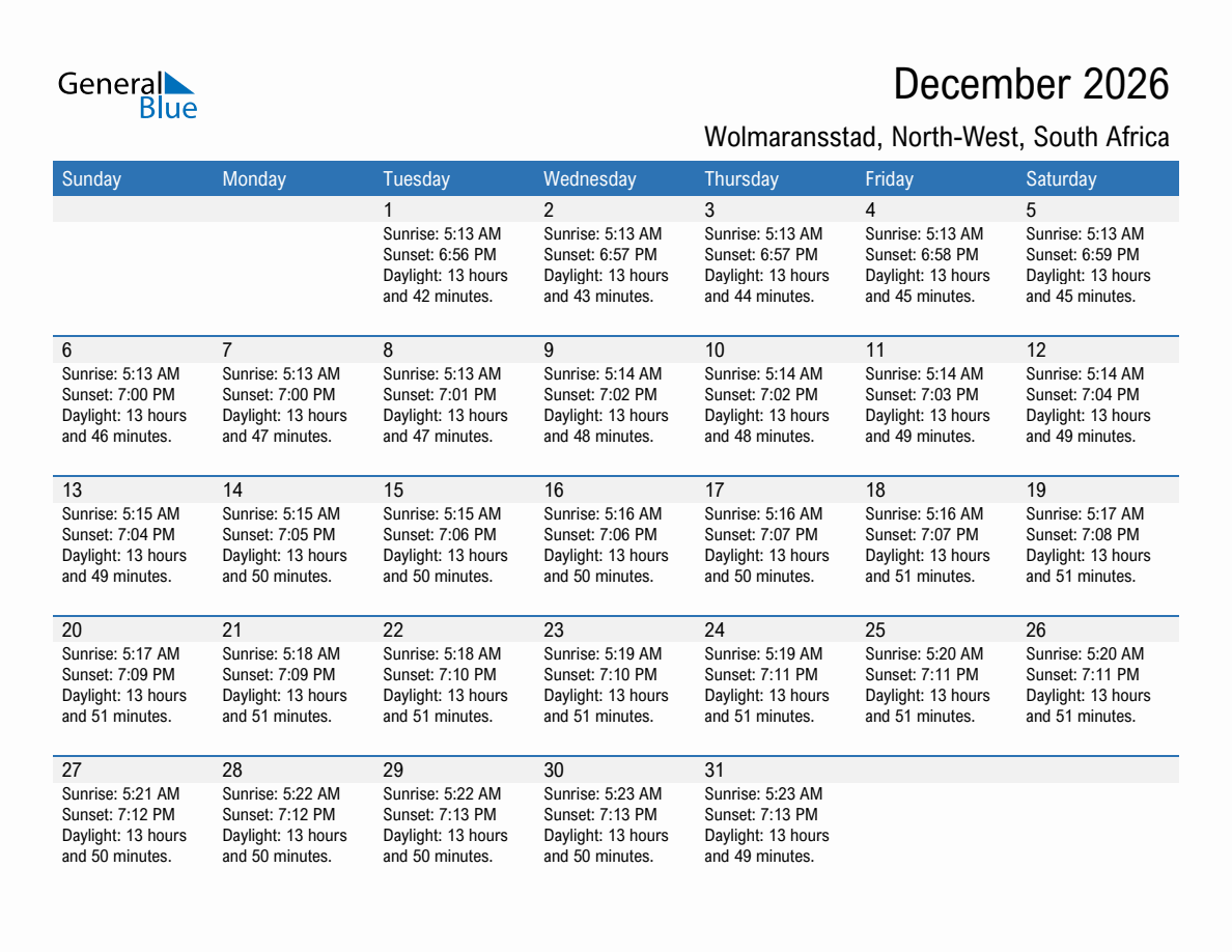 December 2026 sunrise and sunset calendar for Wolmaransstad