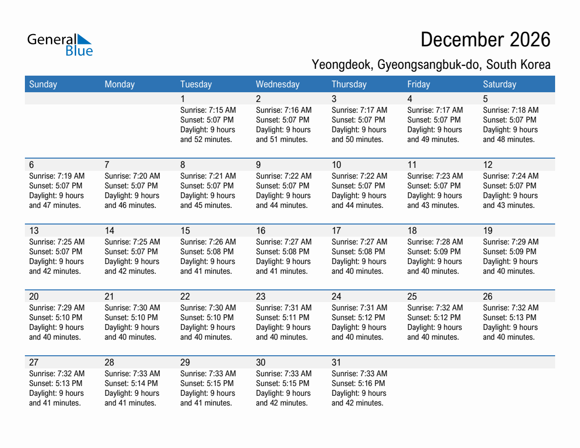 December 2026 sunrise and sunset calendar for Yeongdeok