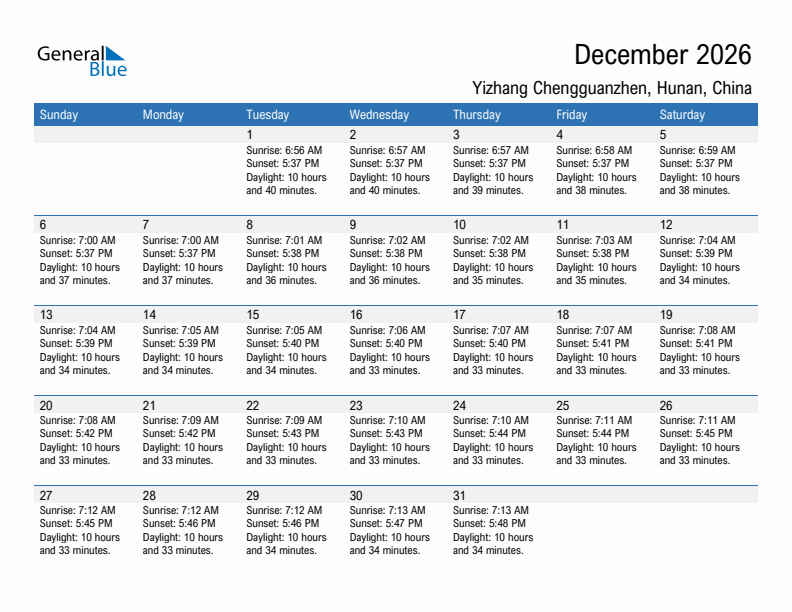 Yizhang Chengguanzhen December 2026 sunrise and sunset calendar in PDF, Excel, and Word