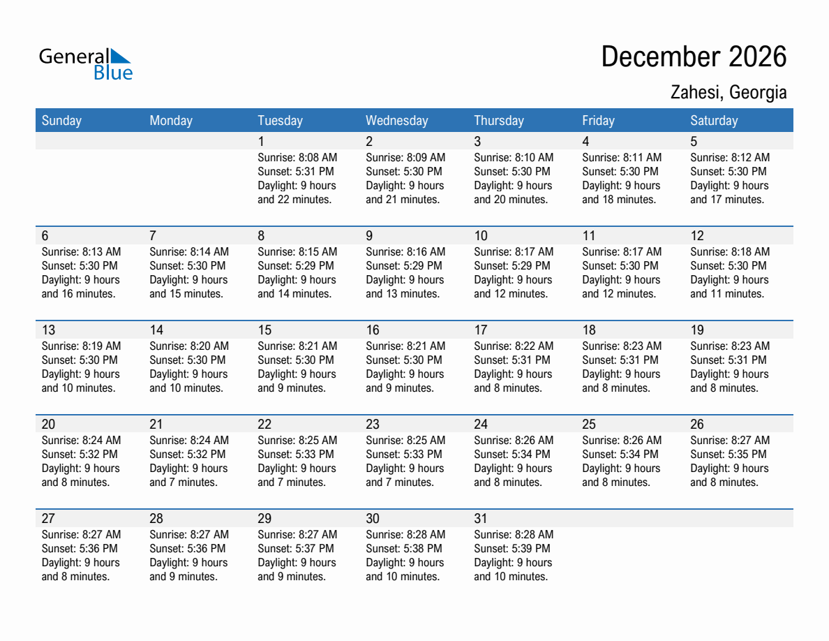 December 2026 sunrise and sunset calendar for Zahesi