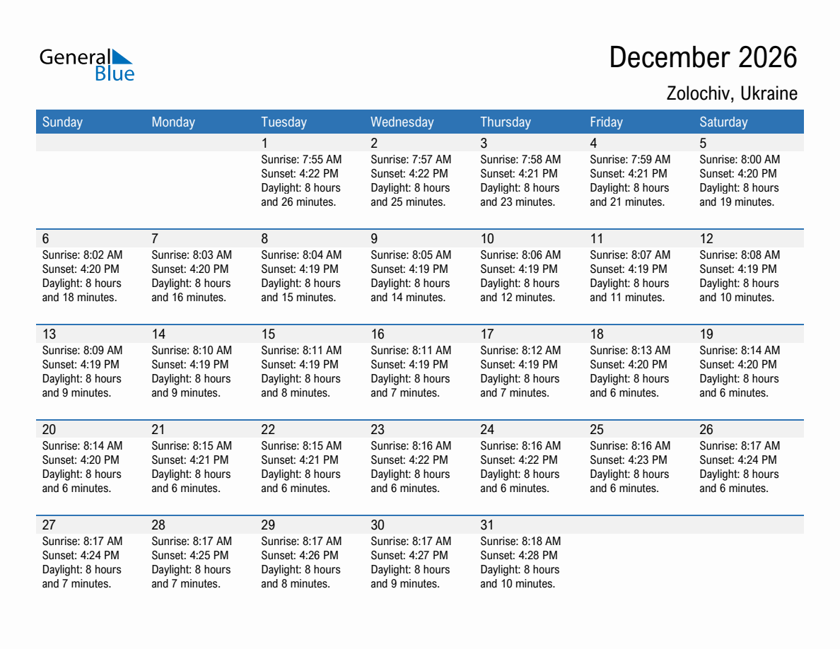December 2026 sunrise and sunset calendar for Zolochiv