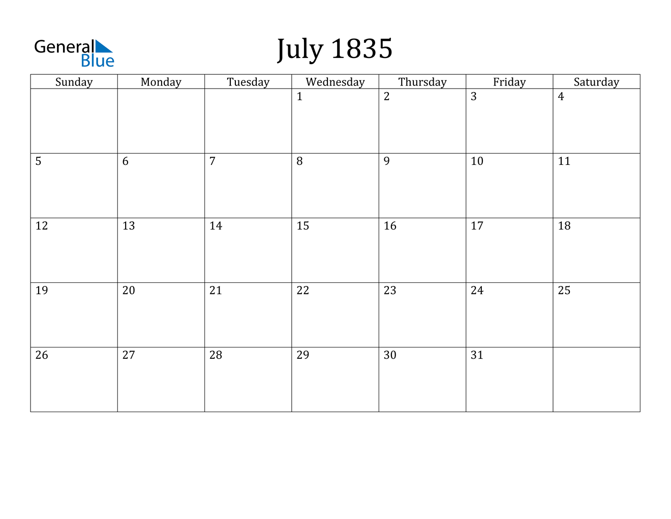 Image of July 1835 Calendar