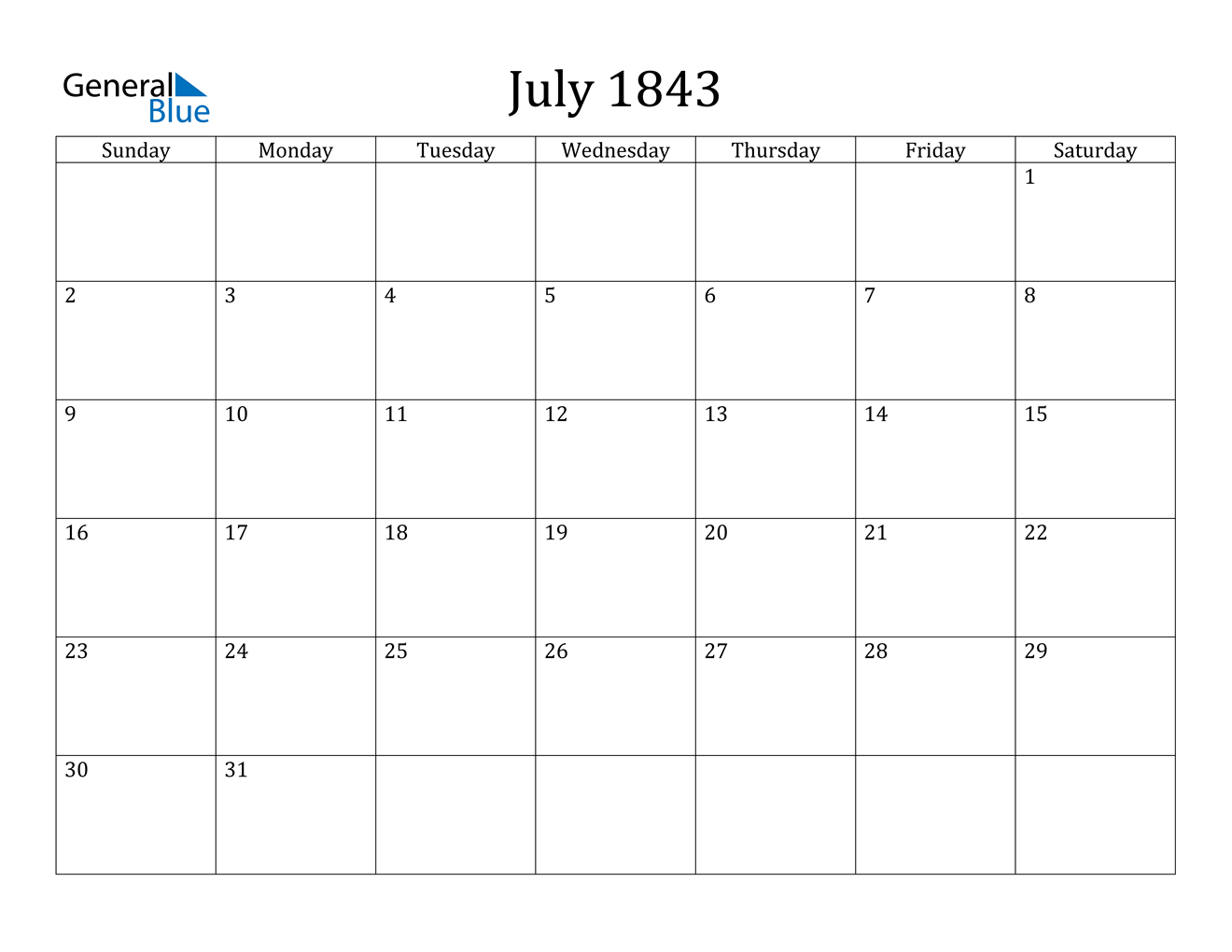 Image of July 1843 Calendar