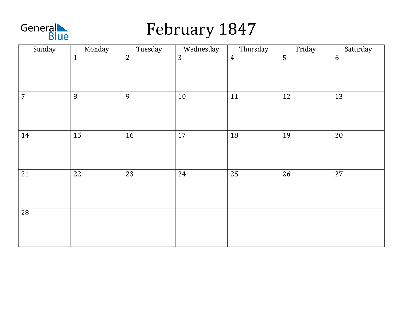 Image of February 1847 Calendar