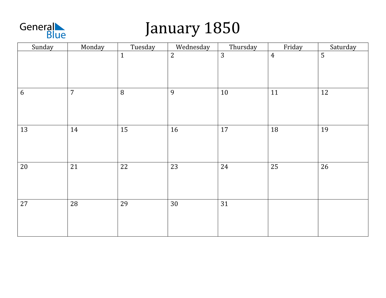 Image of January 1850 Calendar
