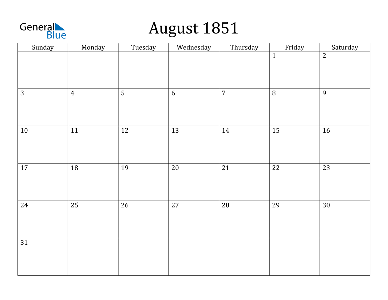 Image of August 1851 Calendar