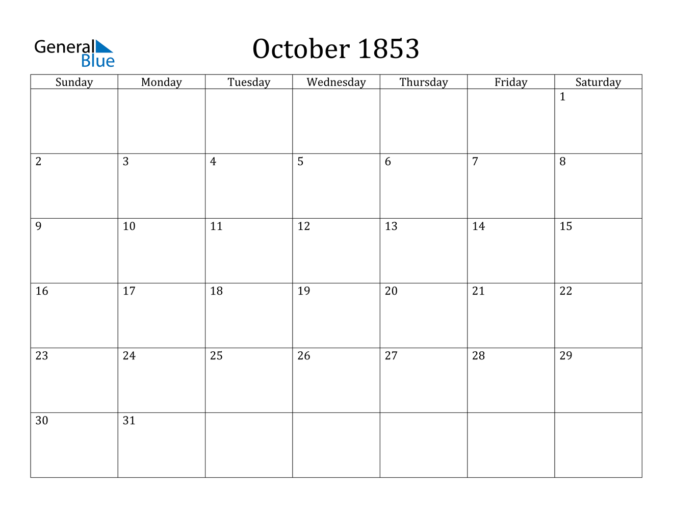 Image of October 1853 Calendar