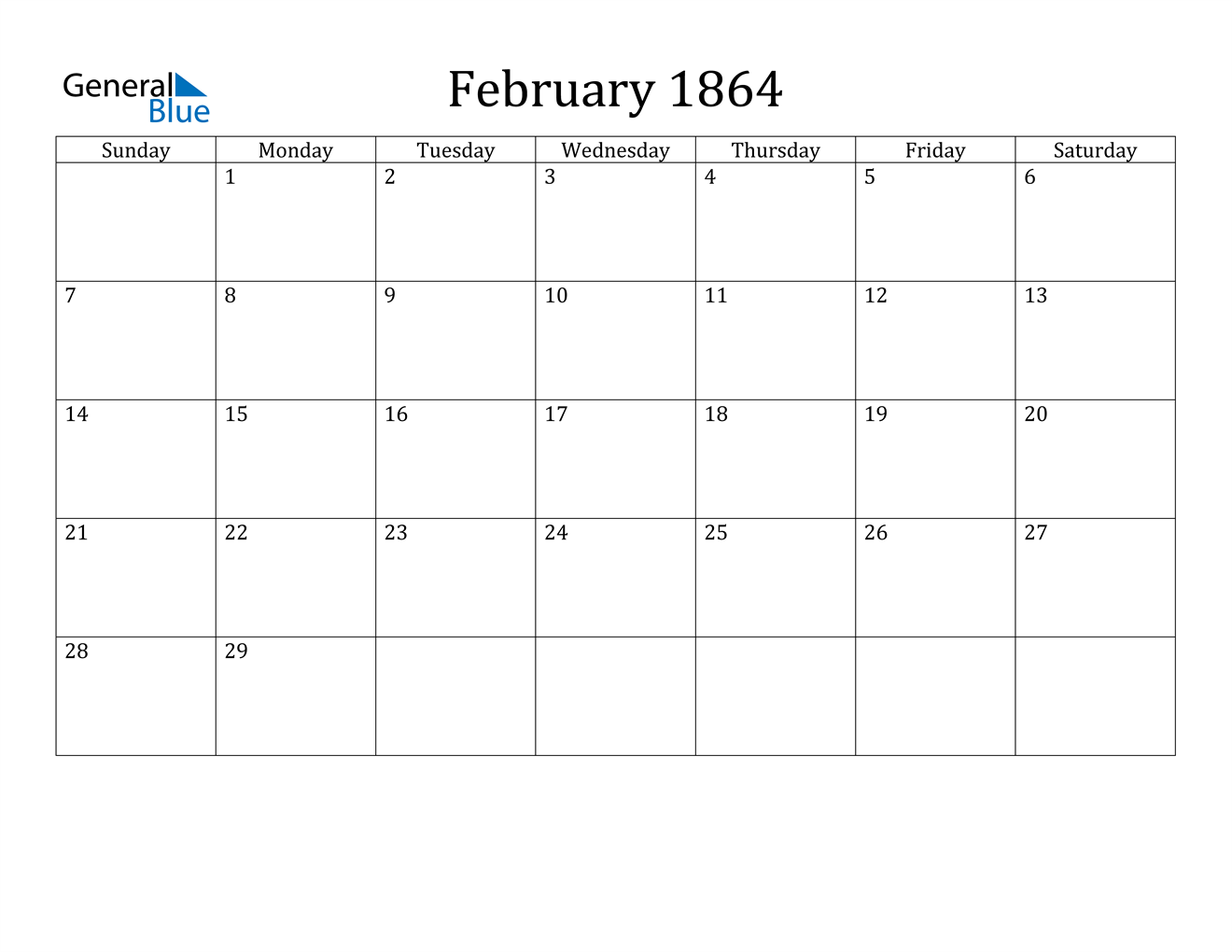 Image of February 1864 Calendar