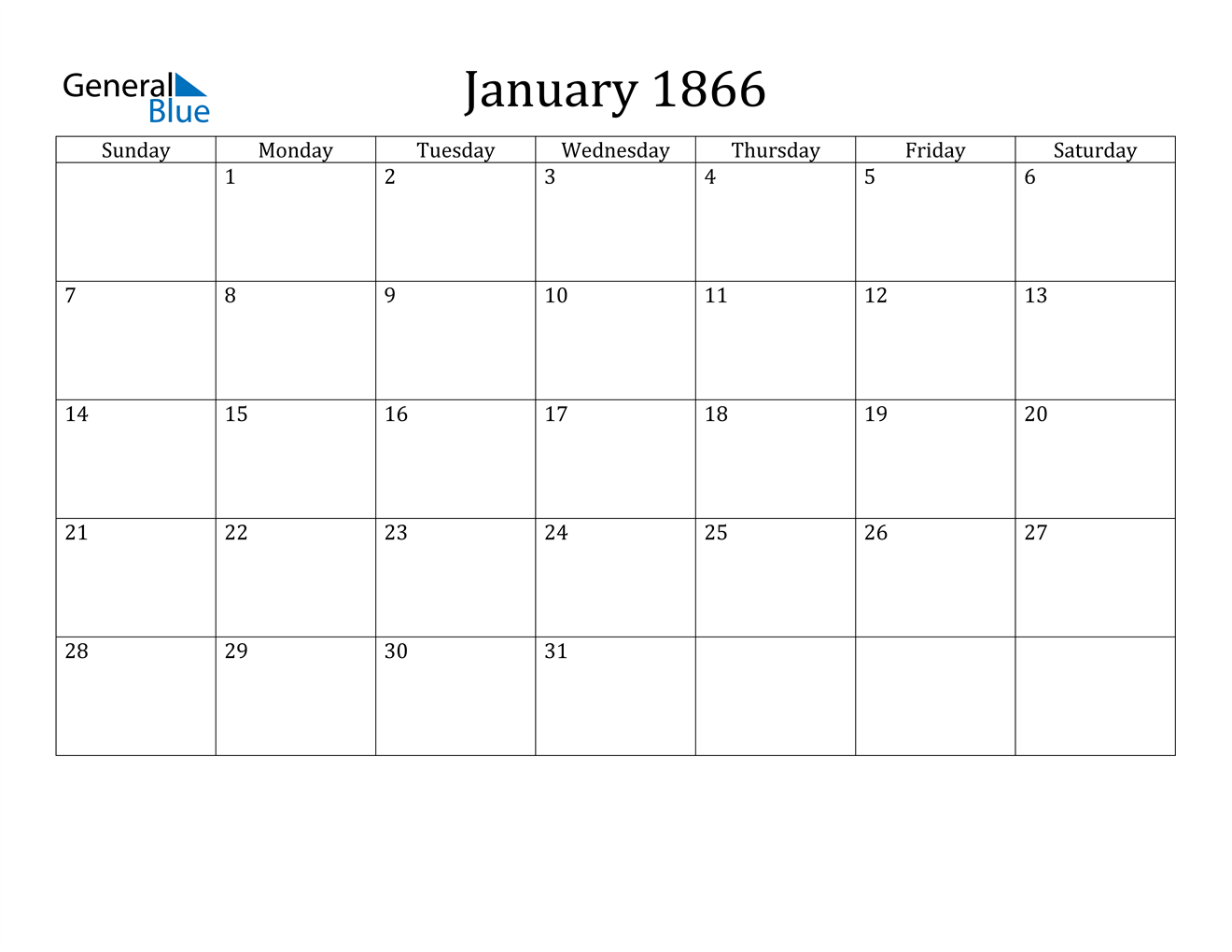 Image of January 1866 Calendar