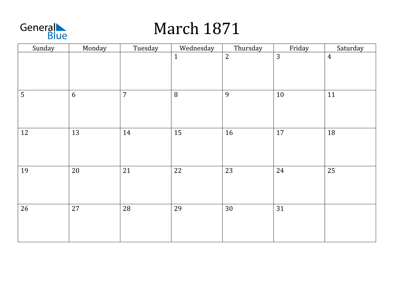 Image of March 1871 Calendar
