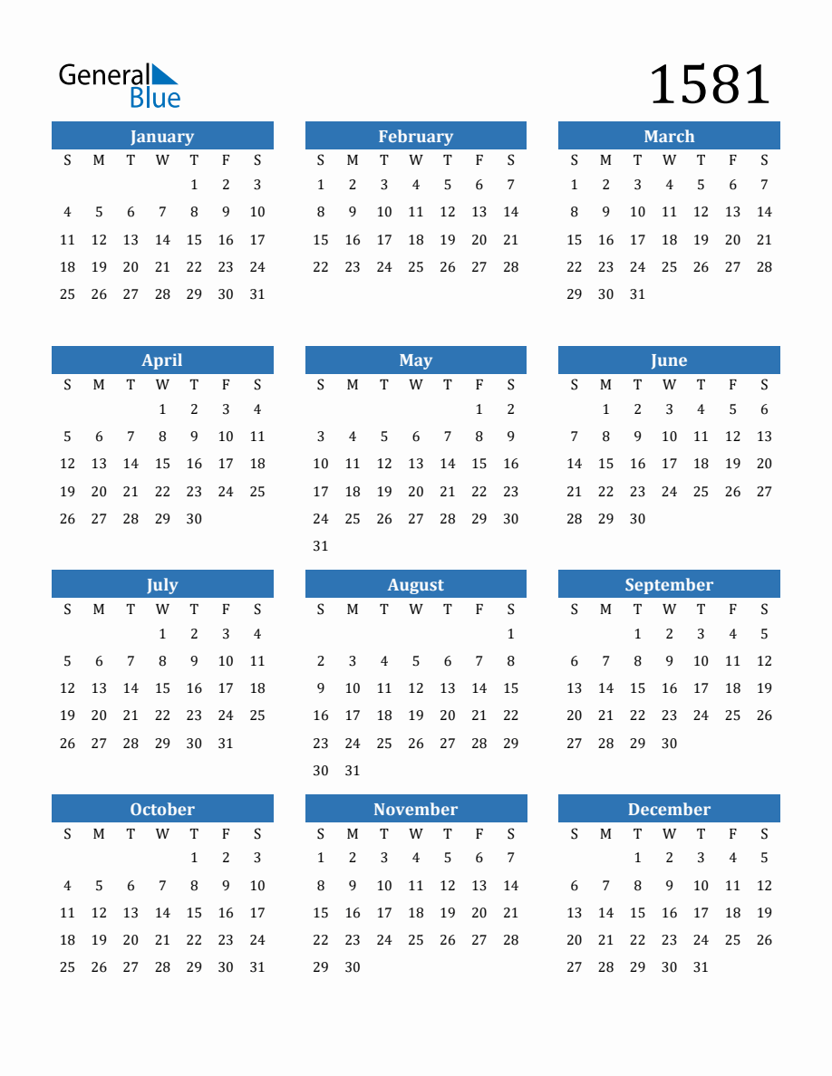 1581 Yearly Calendar