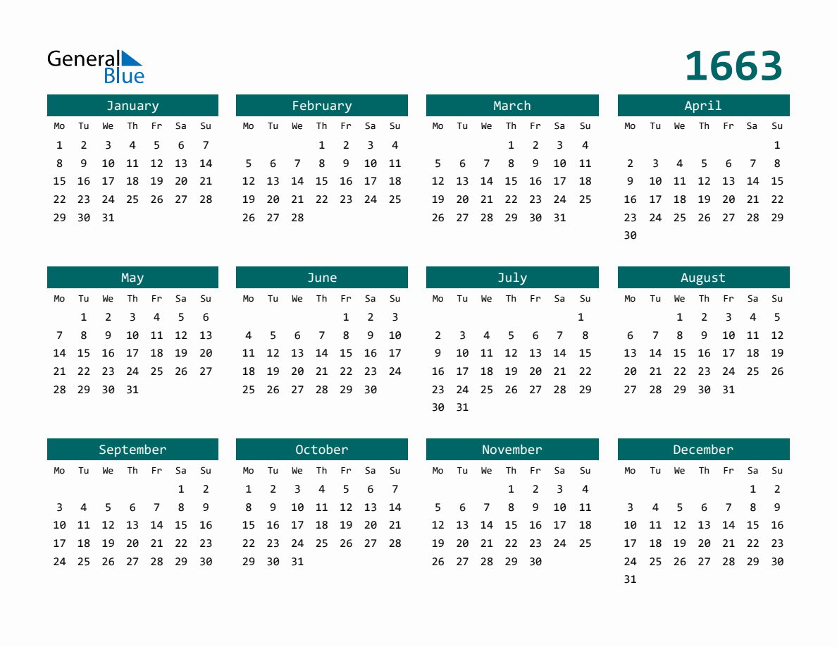 1663 Full-Year Calendar with Monday Start