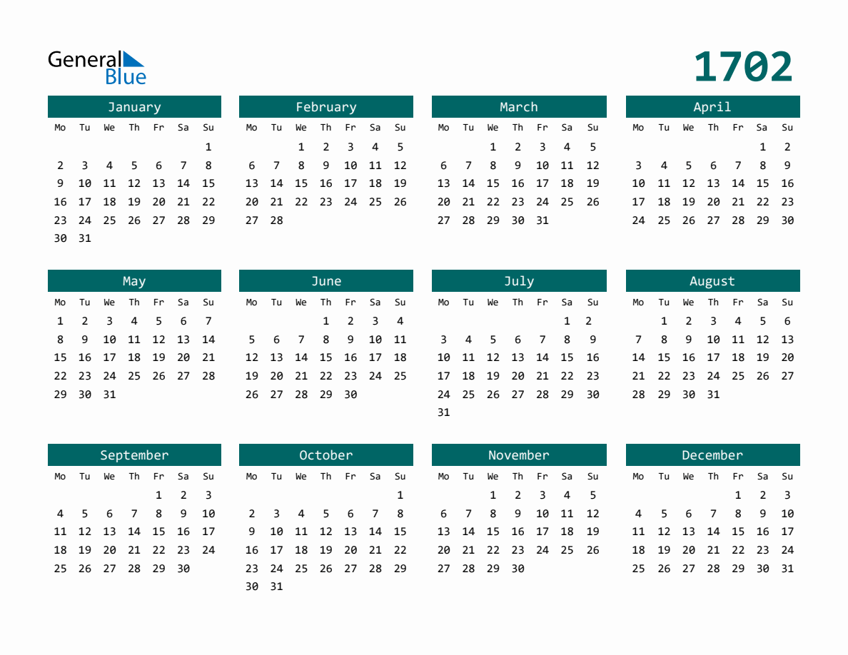 1702 Full-Year Calendar with Monday Start
