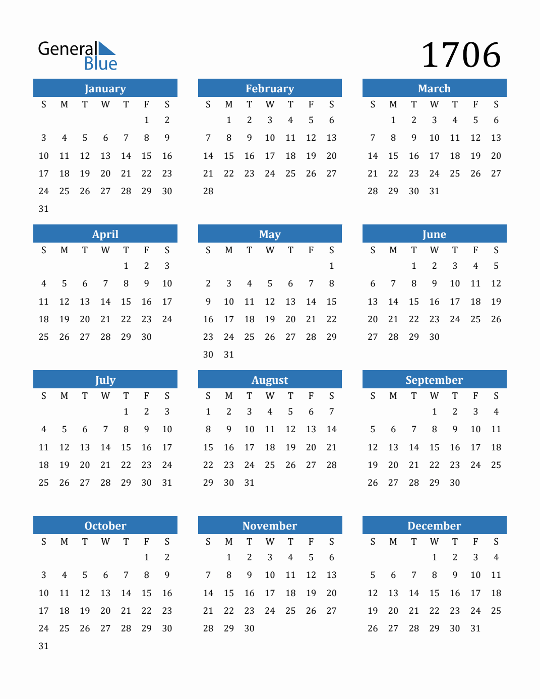 Free 1706 Calendars in PDF, Word, Excel