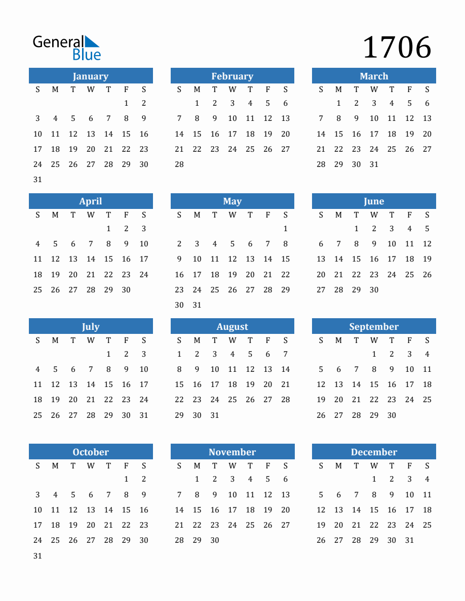 1706 Yearly Calendar
