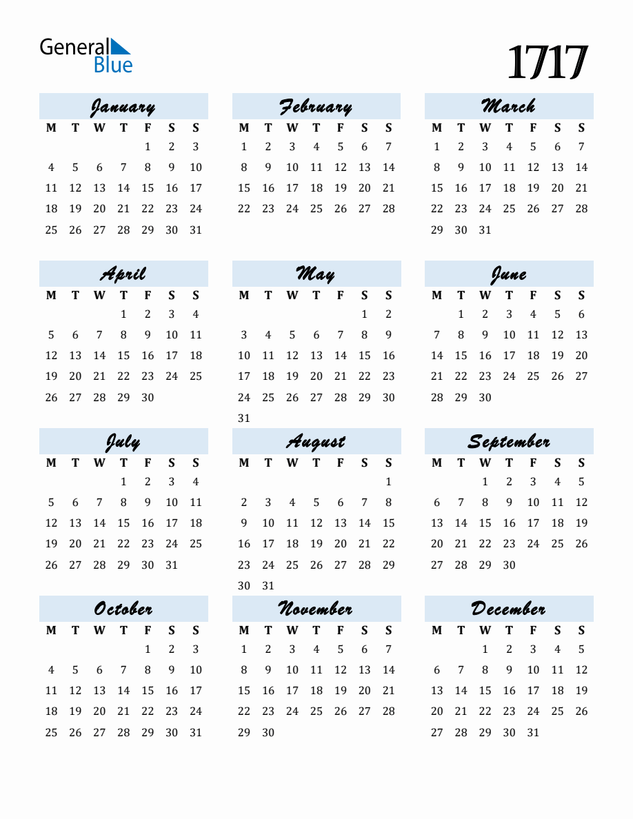 Free Downloadable Calendar for Year 1717 with Monday Start
