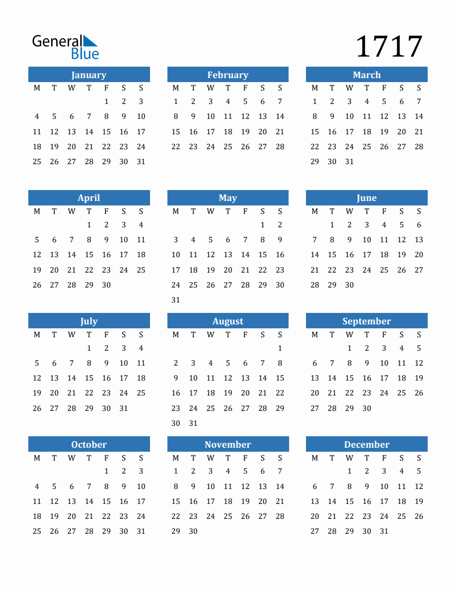 Calendar 172 1717 Yearly Calendar with Monday Start