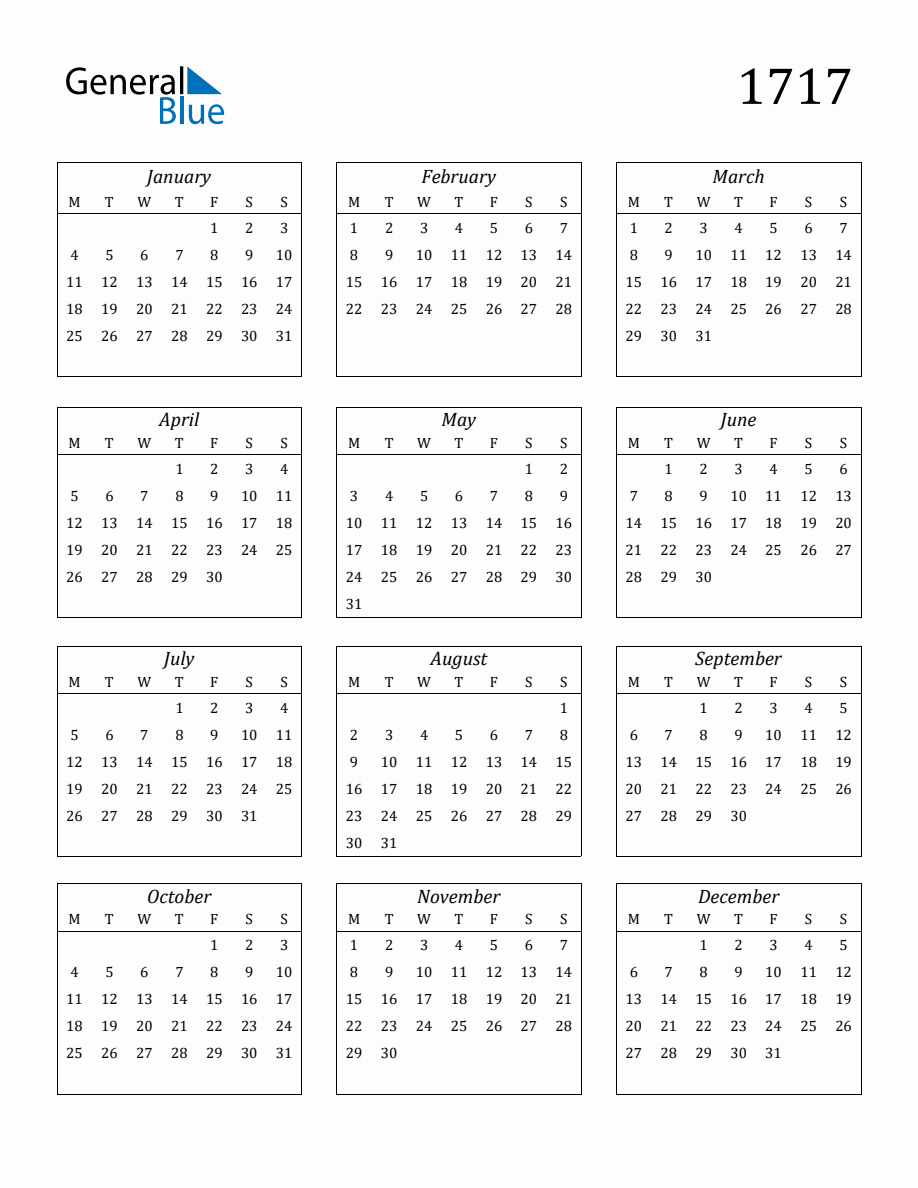 1717 Blank Yearly Calendar Printable with Monday Start