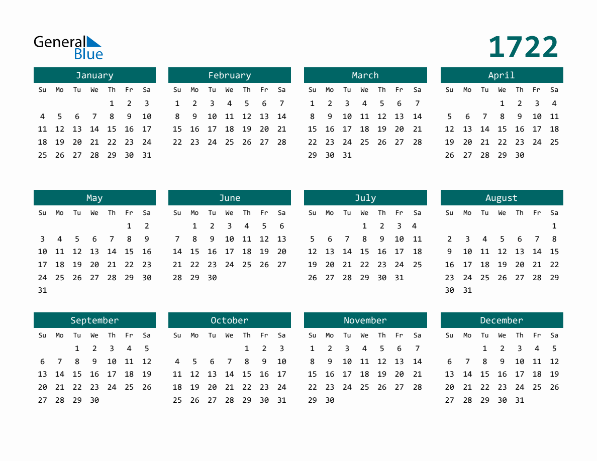 Calendar 172 1722 Full-Year Calendar