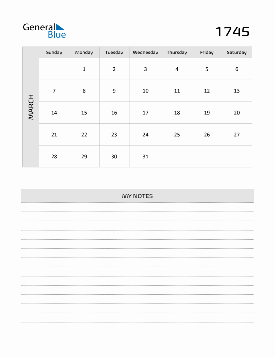 March 1745 Printable Monthly Calendar with Notes
