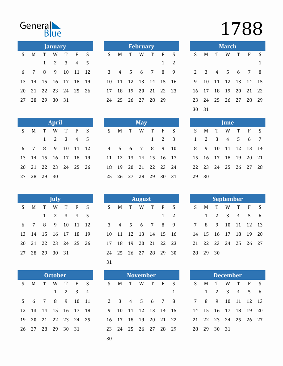 カレンダー 1788 Yearly Calendar