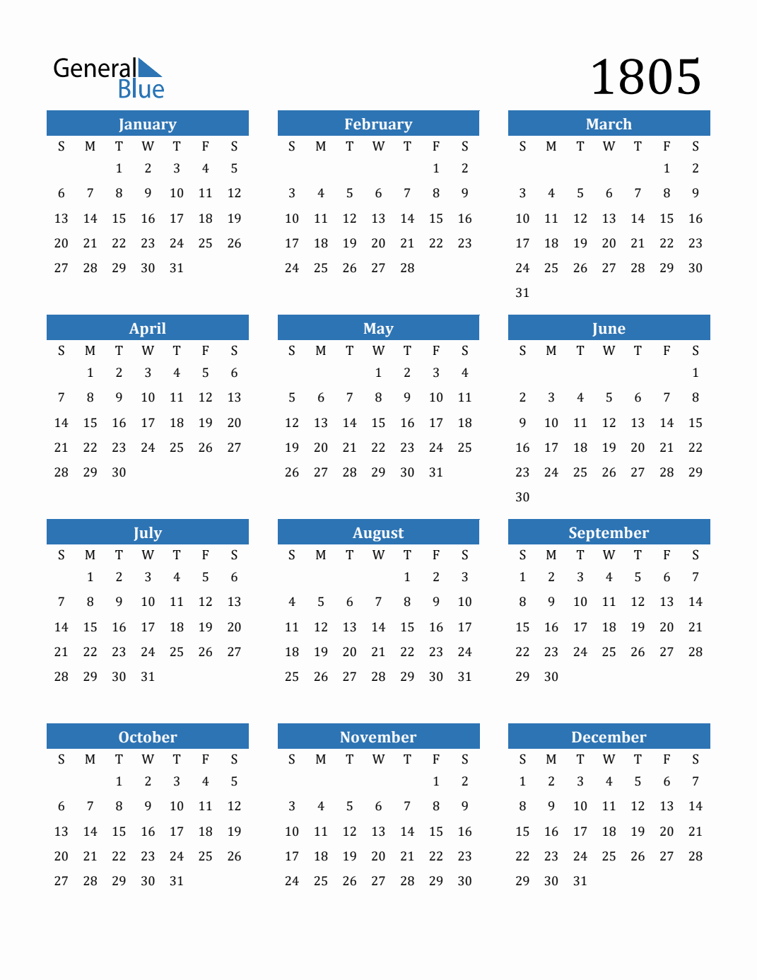 カレンダー 1805 Yearly Calendar Templates with Monday Start