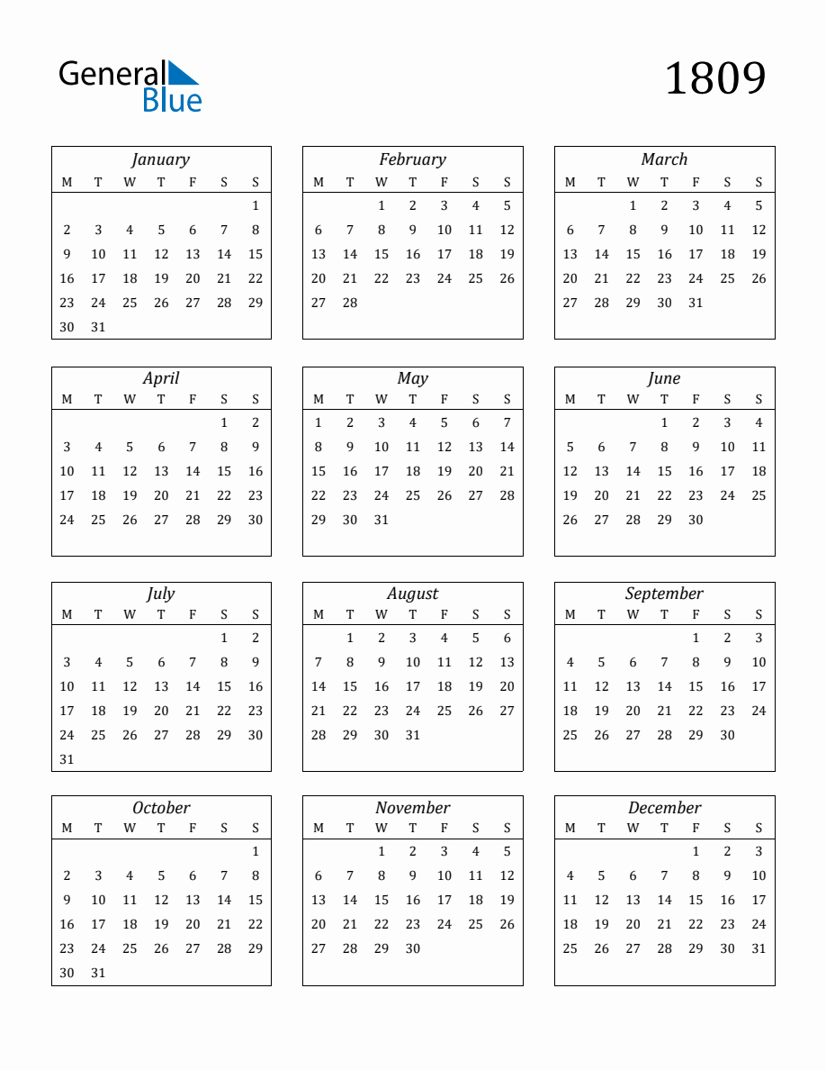 1809 Blank Yearly Calendar Printable 1809-blank-yearly-calendar-printable