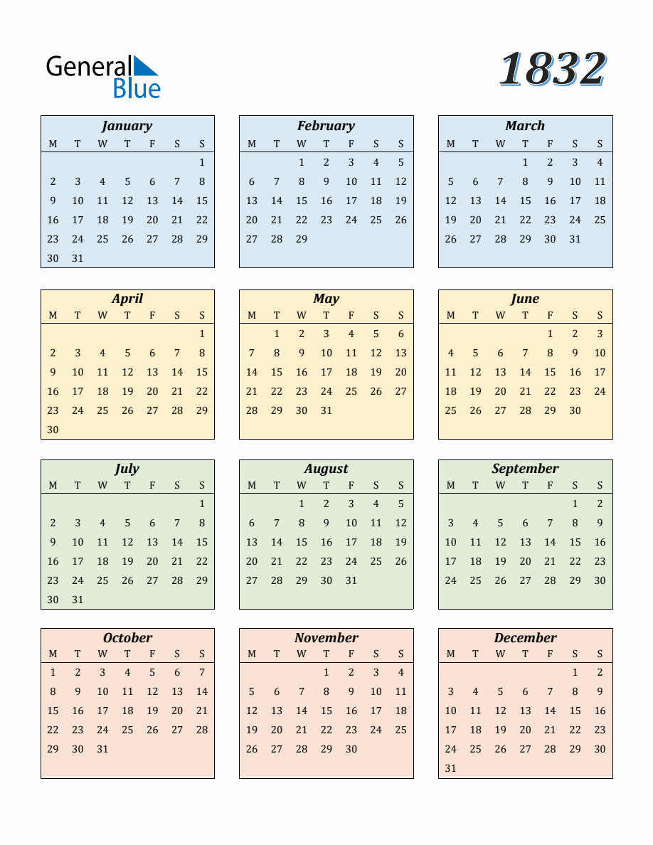 Calendar for Year 1832 with Monday Start