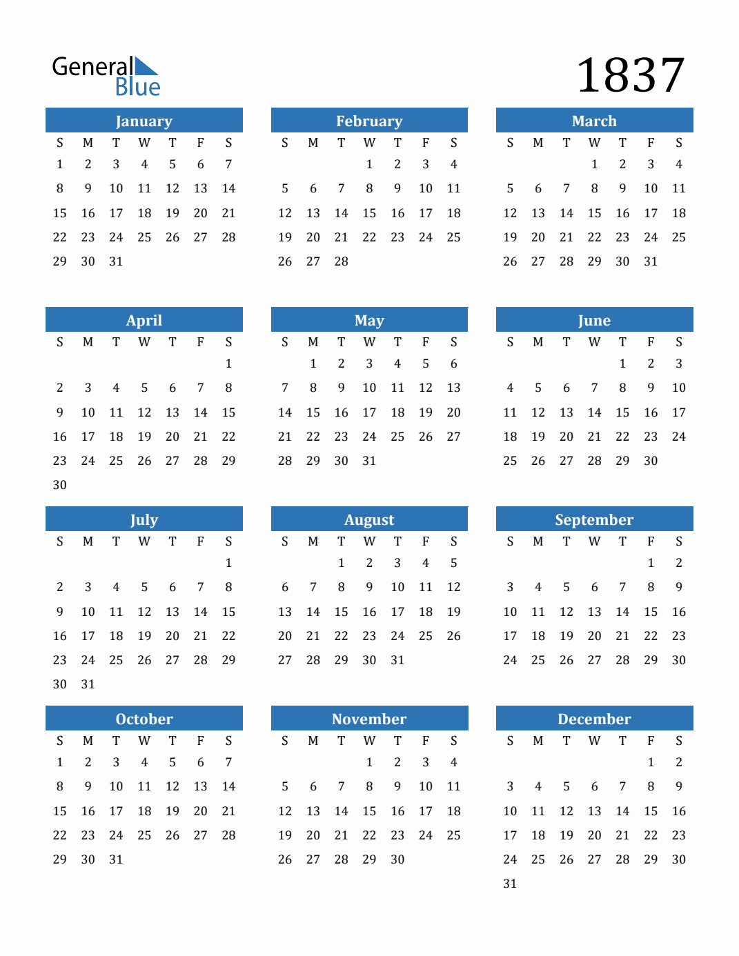 Free 1837 Calendars in PDF, Word, Excel