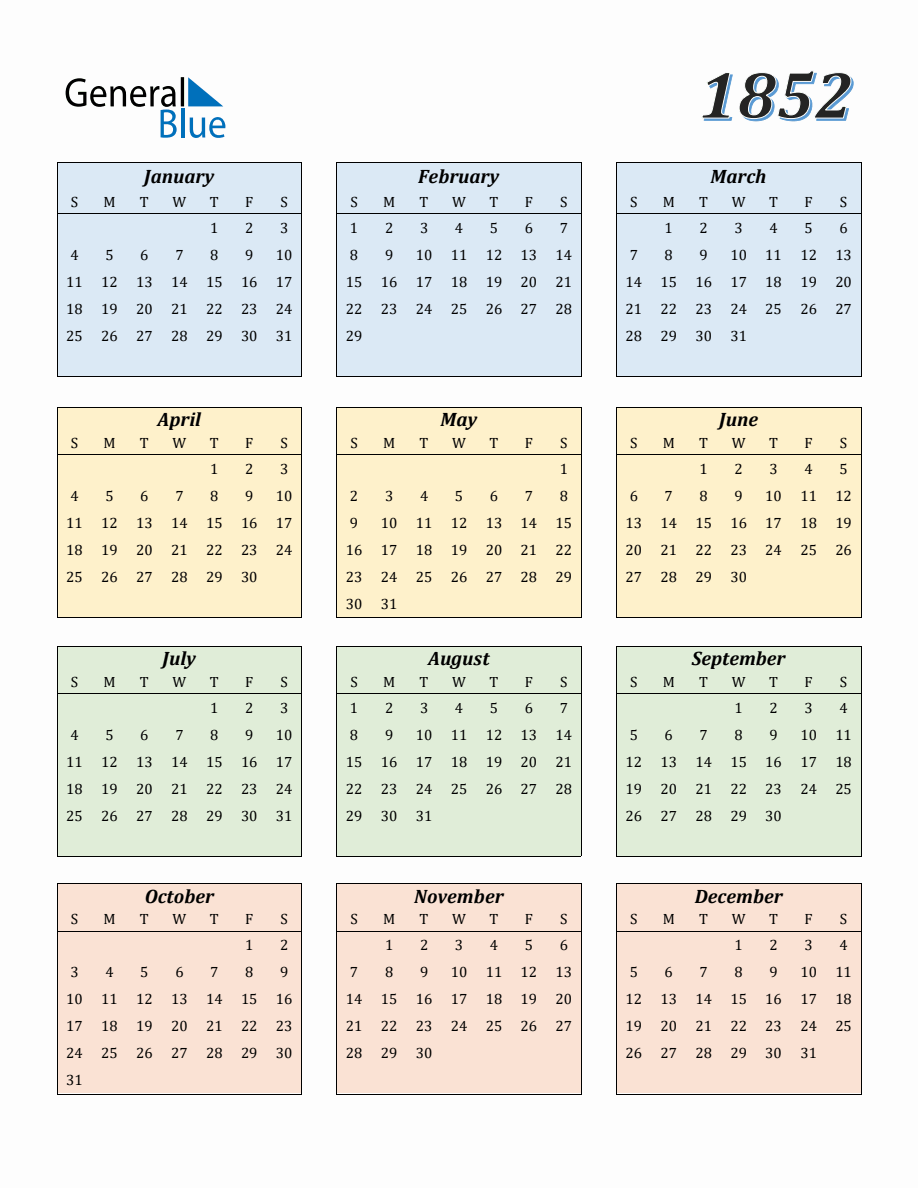 Calendar for Year 1852