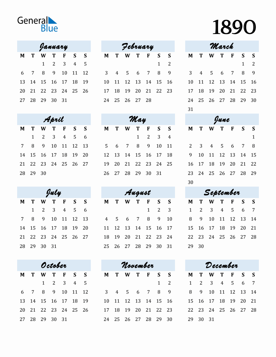 カレンダー⭐︎ Free Downloadable Calendar for Year 1890 with Monday Start