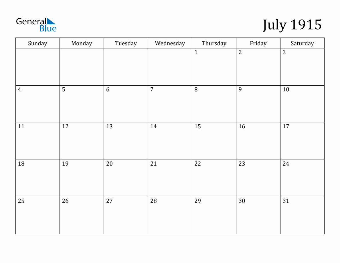 July 1915 Monthly Calendar