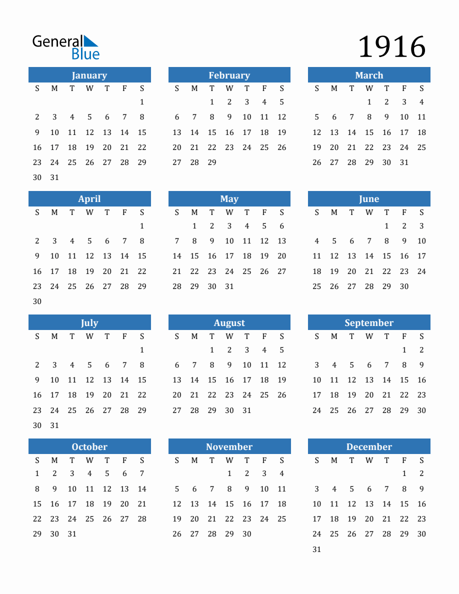 1916 Yearly Calendar