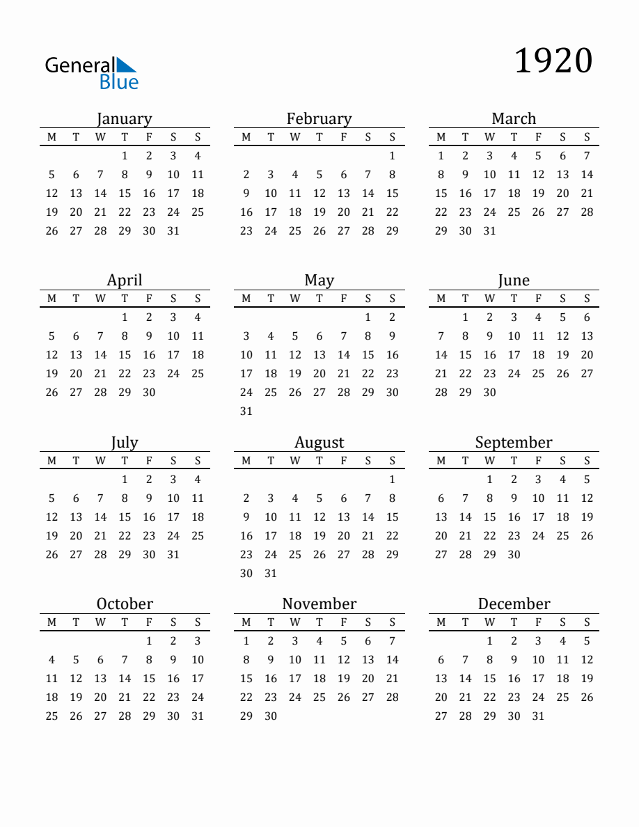 Year 1920 Free Printable 12-Month Calendar