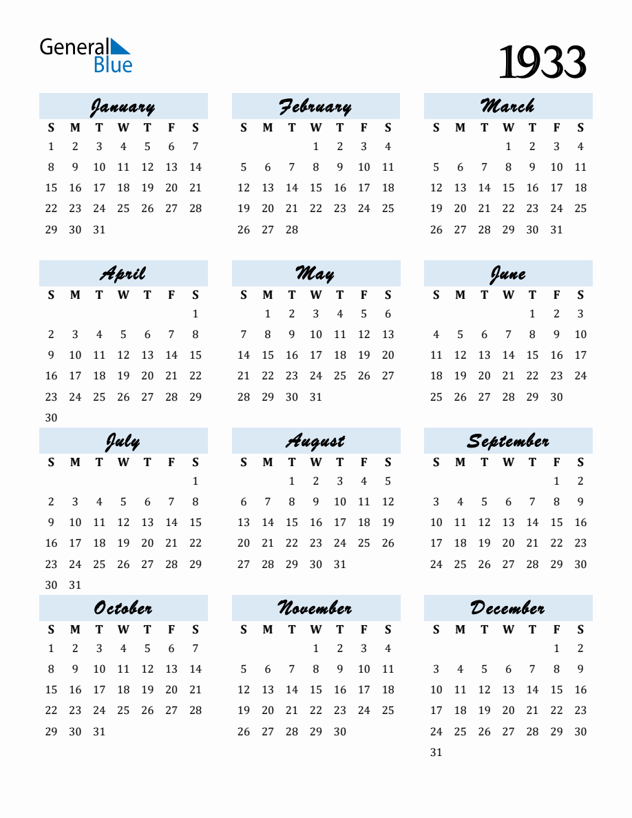 Free Downloadable Calendar for Year 1933