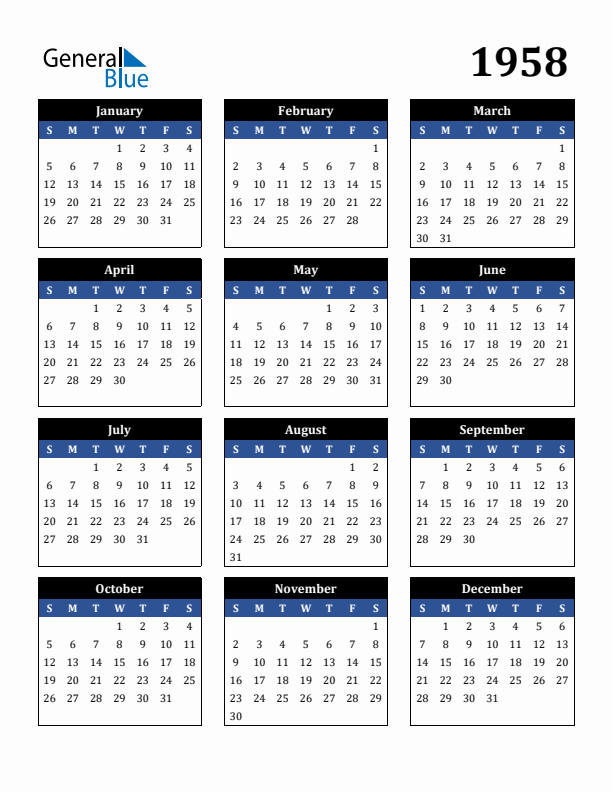 Free 1958 Calendars In PDF Word Excel