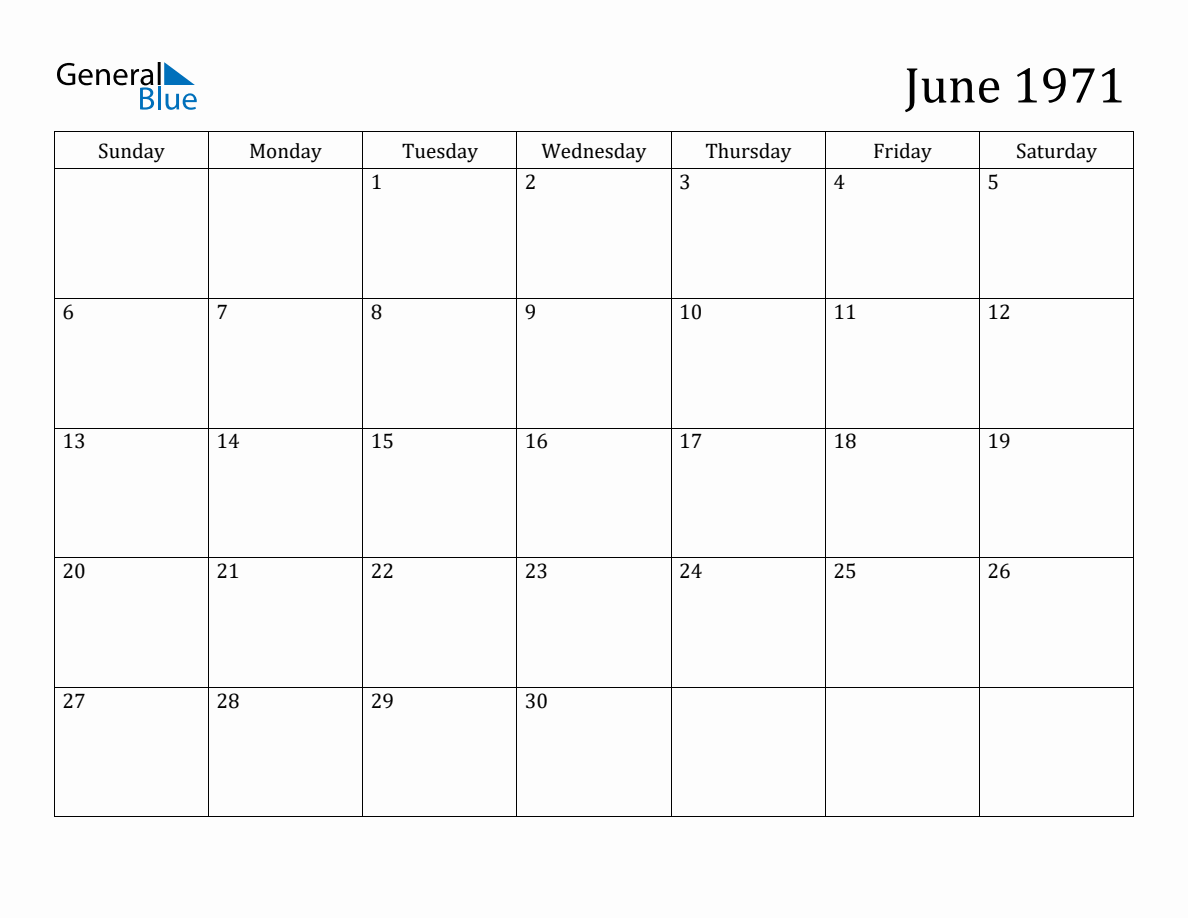 June 1971 Monthly Calendar June 1971 Monthly Calendar