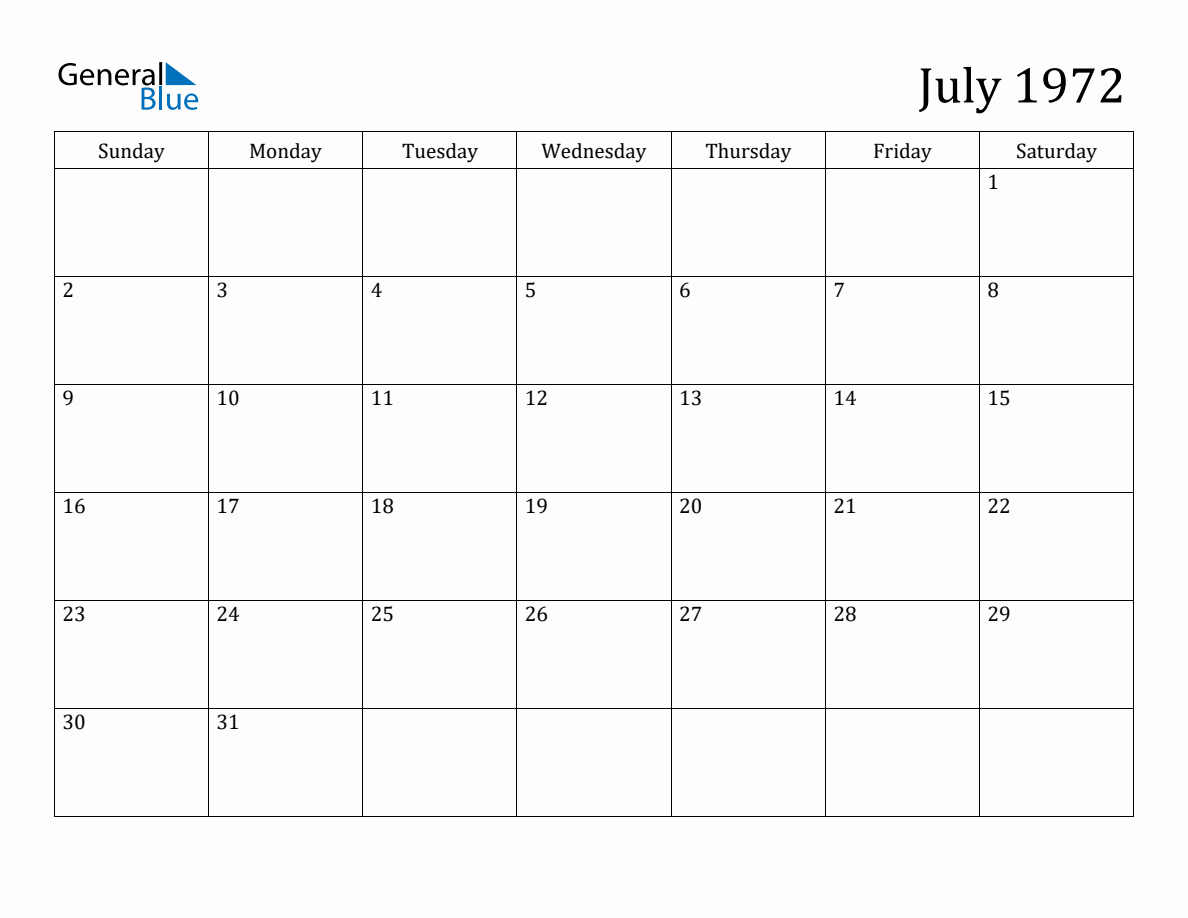 July 1972 Monthly Calendar July 1972 Monthly Calendar