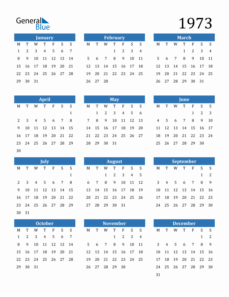 1973 Yearly Calendar with Monday Start