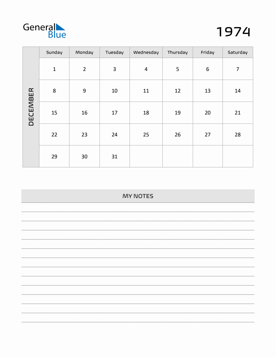 December 1974 Printable Monthly Calendar with Notes