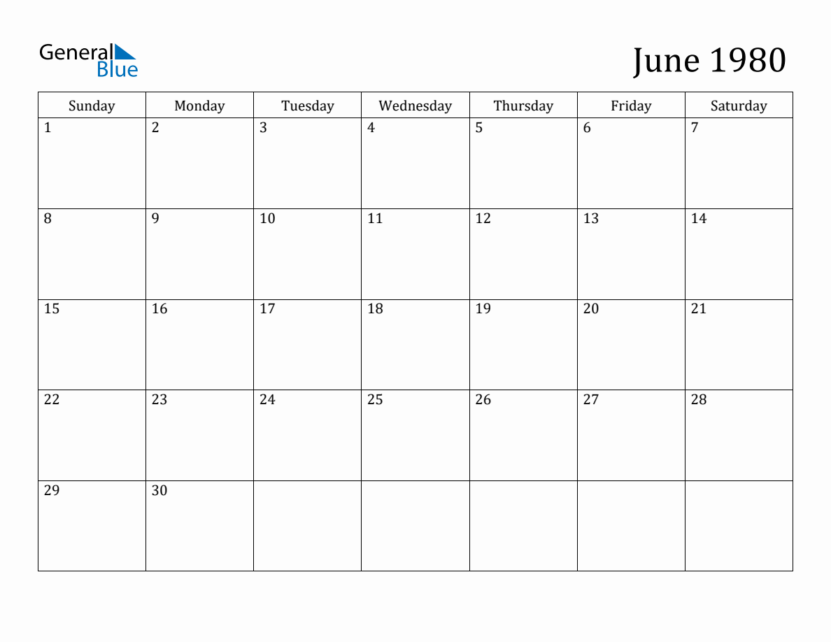 June 1980 Monthly Calendar June 1980 Monthly Calendar