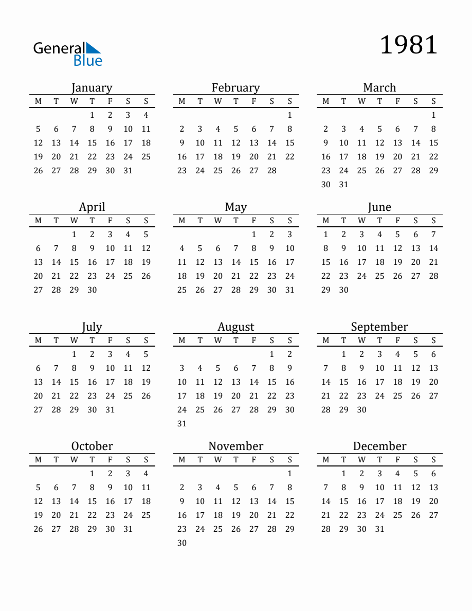 Year 1981 Free Printable 12-Month Calendar with Monday Start