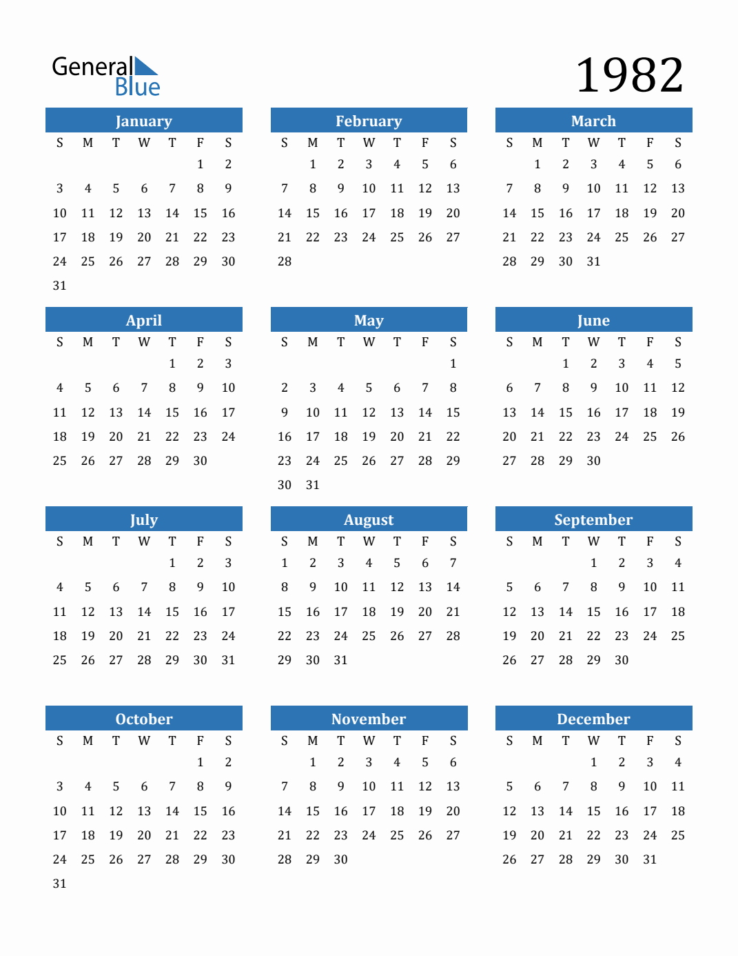 Free 1982 Calendars in PDF, Word, Excel